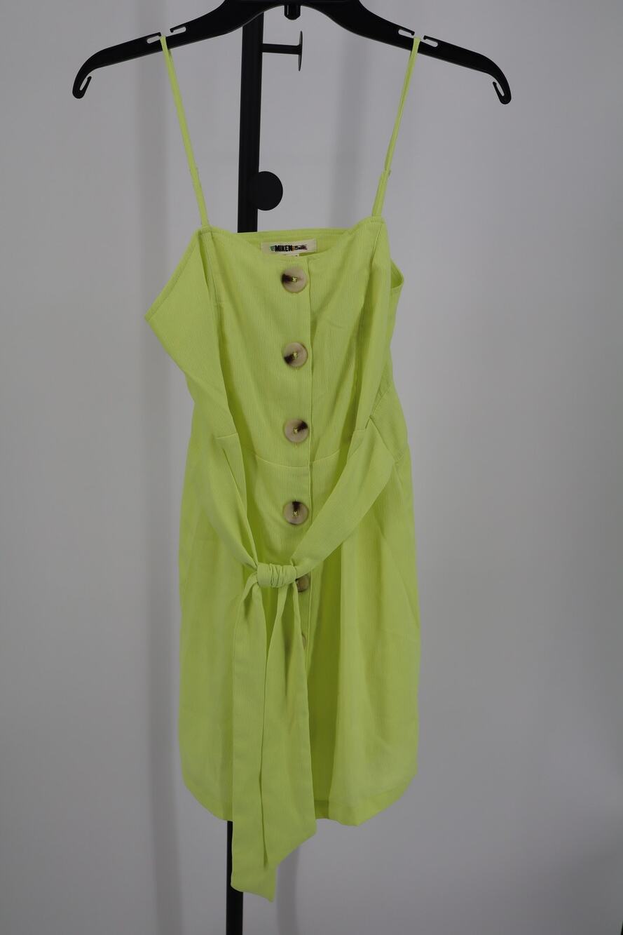 NEW Miken Mini Dress Lime Green Sleeveless Cami Button Down Tie Waist Size S